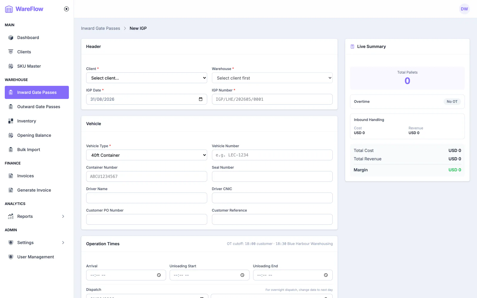 Book goods in screen: the inbound gate pass form beside a live summary that prices the movement as it is entered